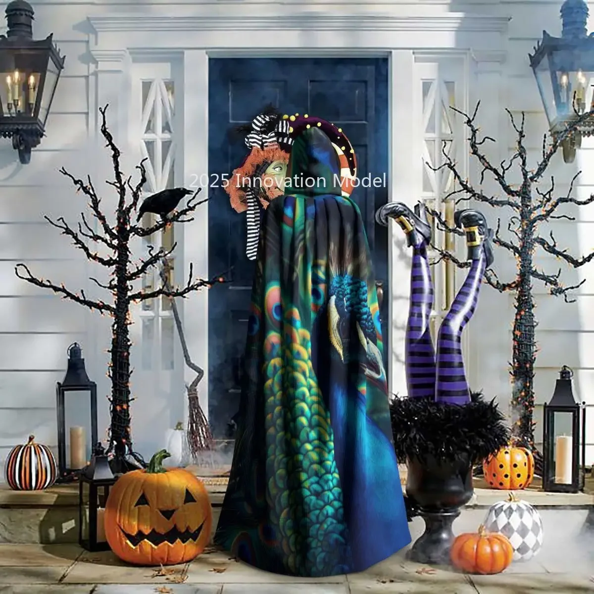 2025 신상 공작 깃털 망토 후드 중세 의상 마녀 위카 뱀파이어 할로윈 코스튬 드레스 코트