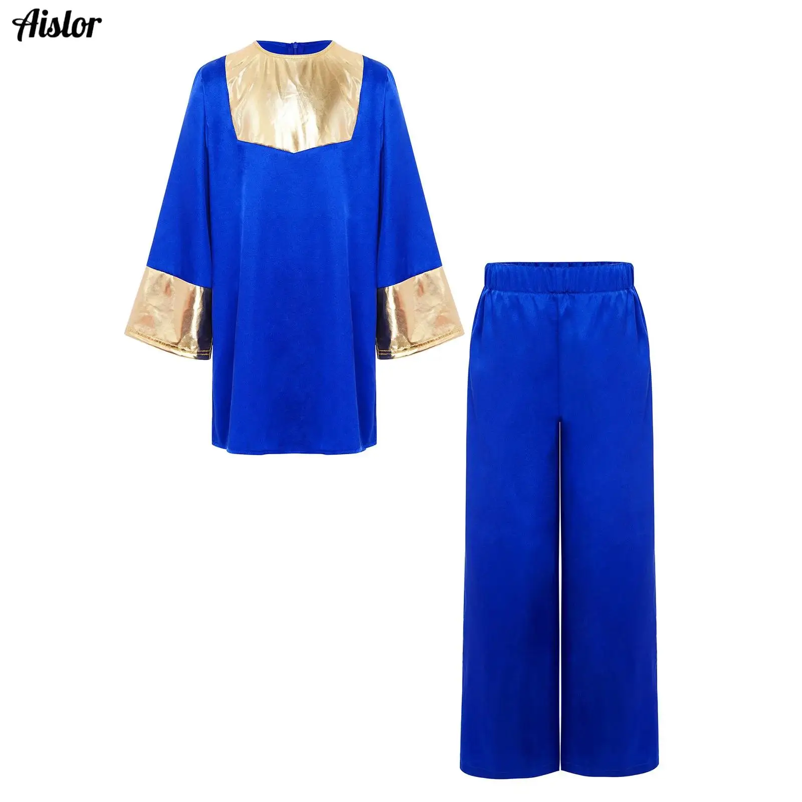 

Kids Boys Girls Liturgical Worship Praise Dance Costumes Long Sleeve Metallic Color Block Patchwork Robe + Satin Wide-Leg Pants