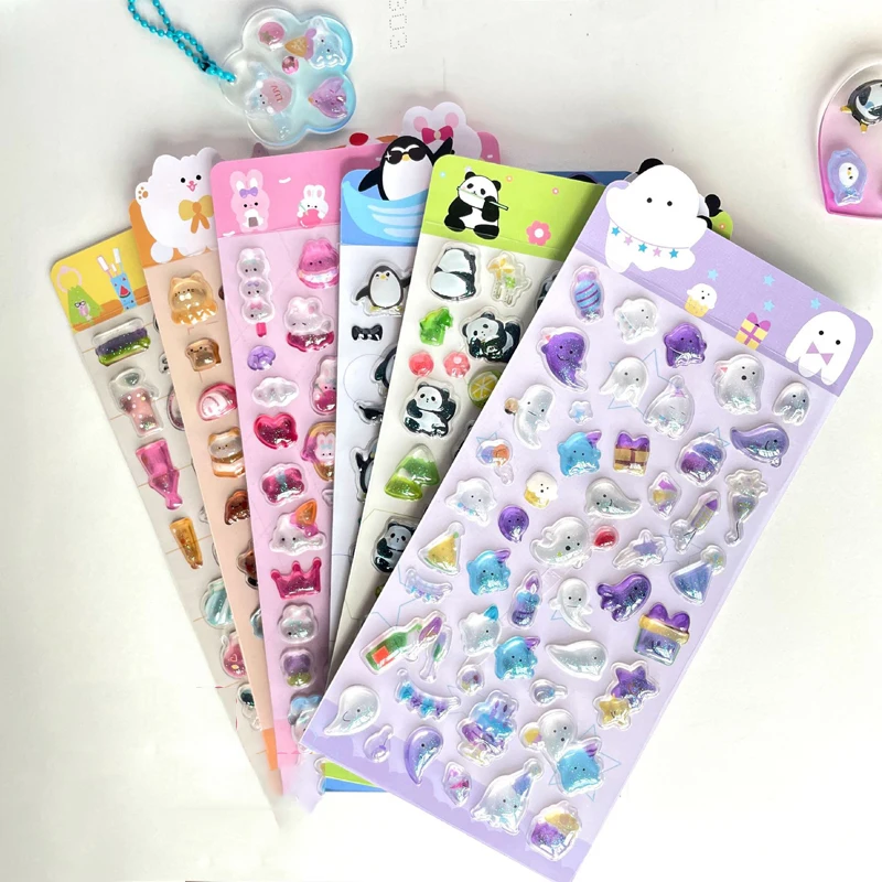 6Style Glitter Crystal 3D Stickers, Embossed Cartoon Diamond Decals, Creative Journal & Guca Phone Case Decor, Fun Material Deco