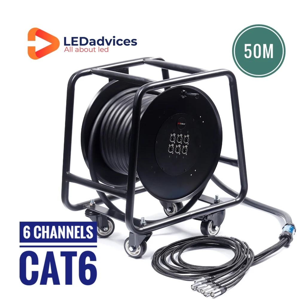 6 Multi-Channel 50m CAT6 Snake Cable With Reel Car For AV Events SF/UTP Double Shield Multi-Stranded Pure Copper RJ45 Gigabit