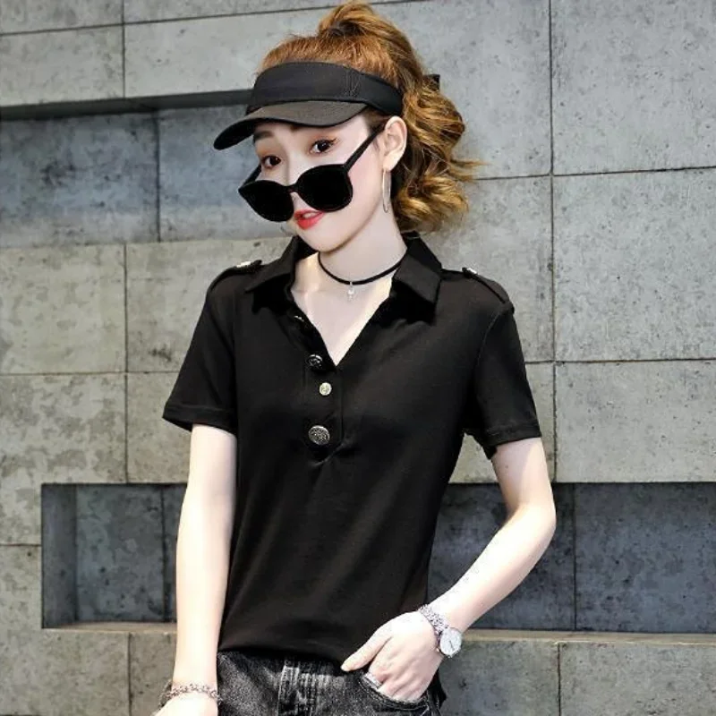 White T-shirt Woman Button Plain Short Sleeve Tee Polo Neck Shirts for Women Tops Clothing Black Synthetic Luxury Polyester Cute