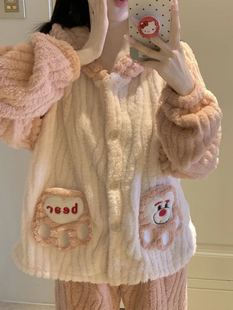 Winter Sleepwear Coral Fleece Thickening Warm Kawaii Bear Ear Hooded Pajama Sets Suit Cartoon Pink 2 Piece Night Home Clothes