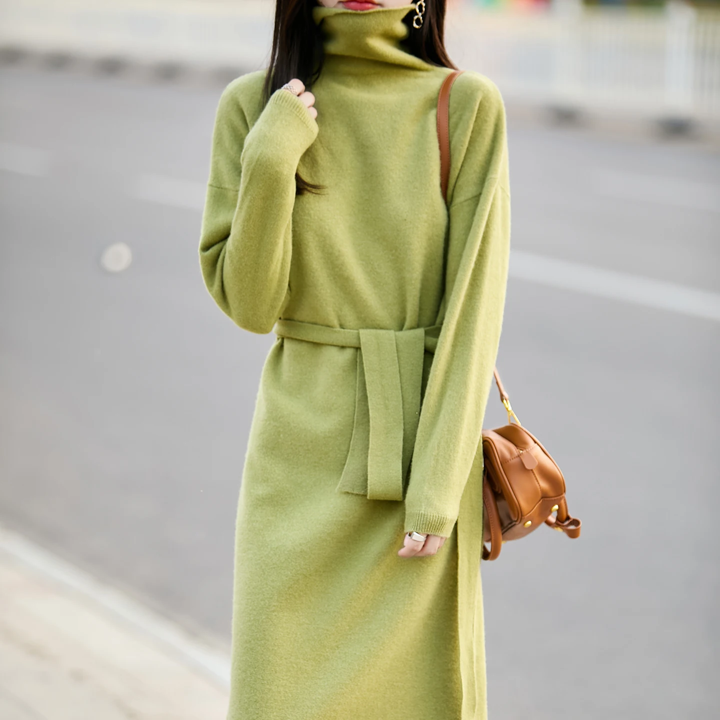 S-XXL Nowa Sukienka Swetrowa Damska z Wysokim Kołnierzem, Dzianina ze 100% Czystej Wełny, Długa, Dopasowana, Jednolita, Jesienno-Zimowa Sukienka Pulower Damska