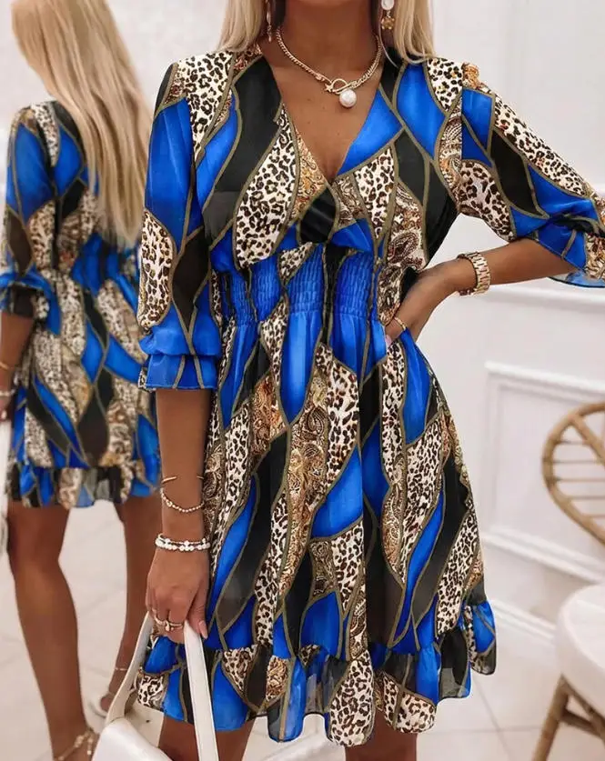 

V-Neck Drawstring Waist Design Geometric Color Blocking Leopard Print Slim Fit Lantern Sleeves A-Line Casual Women's Dress