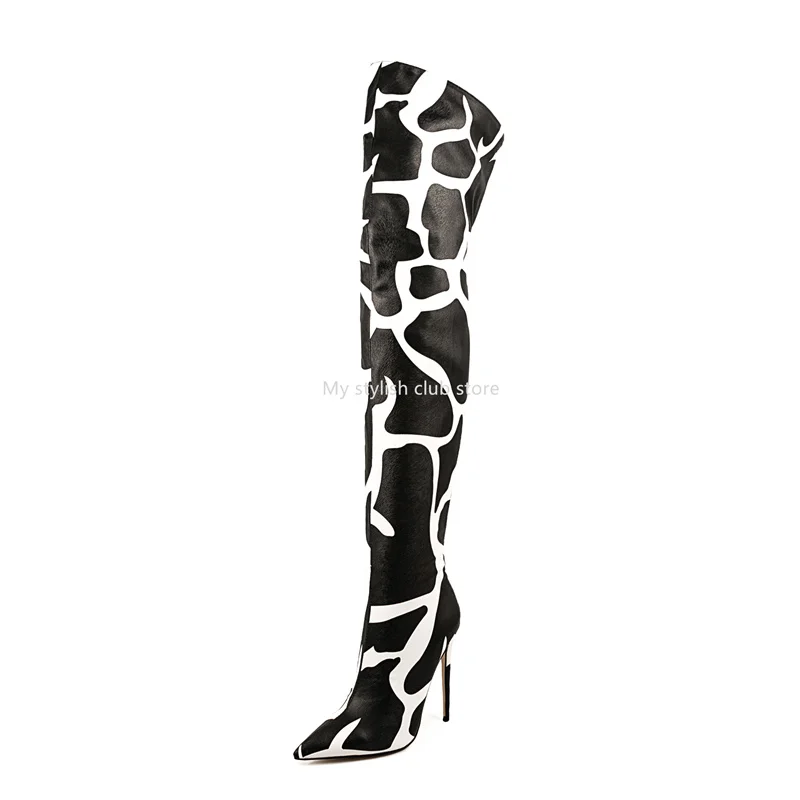 Sexy Women Super High Heels Knee High Boots Giraffe Print Modern Boots Pointed Toe Long Boots  Back Zipper Stylish Big Size 47