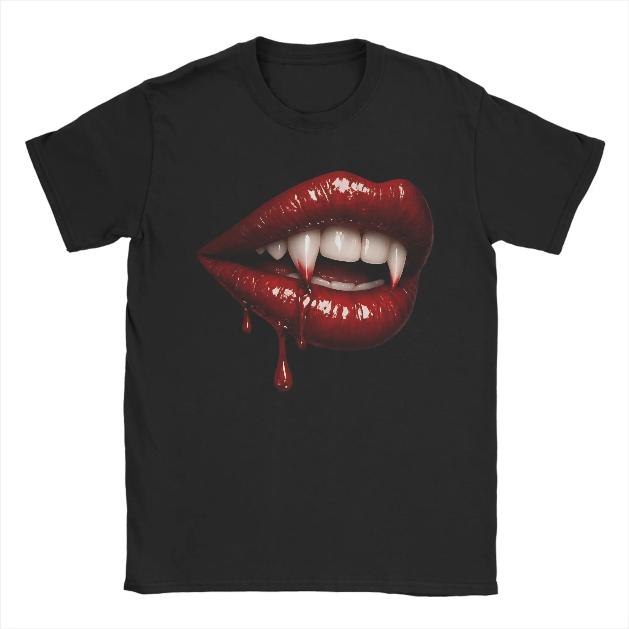 Humorous Vampire Lips Fangs Blood Drip Gothic T-Shirt for Men Crewneck 100% Cotton T Shirts  Short Sleeve Tee Shirt Clothing