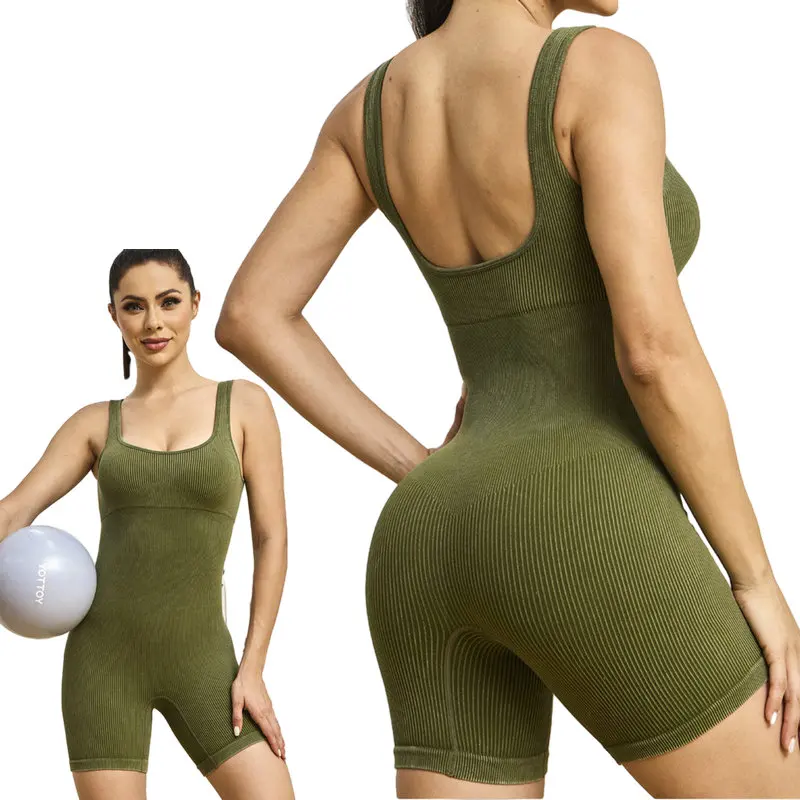 Women's Yoga Rompers One Piece Green Seamless Ribbed Jumpsuit Padded Sports Bra Romper Yoga Sets Fitness Sportwear Clothes