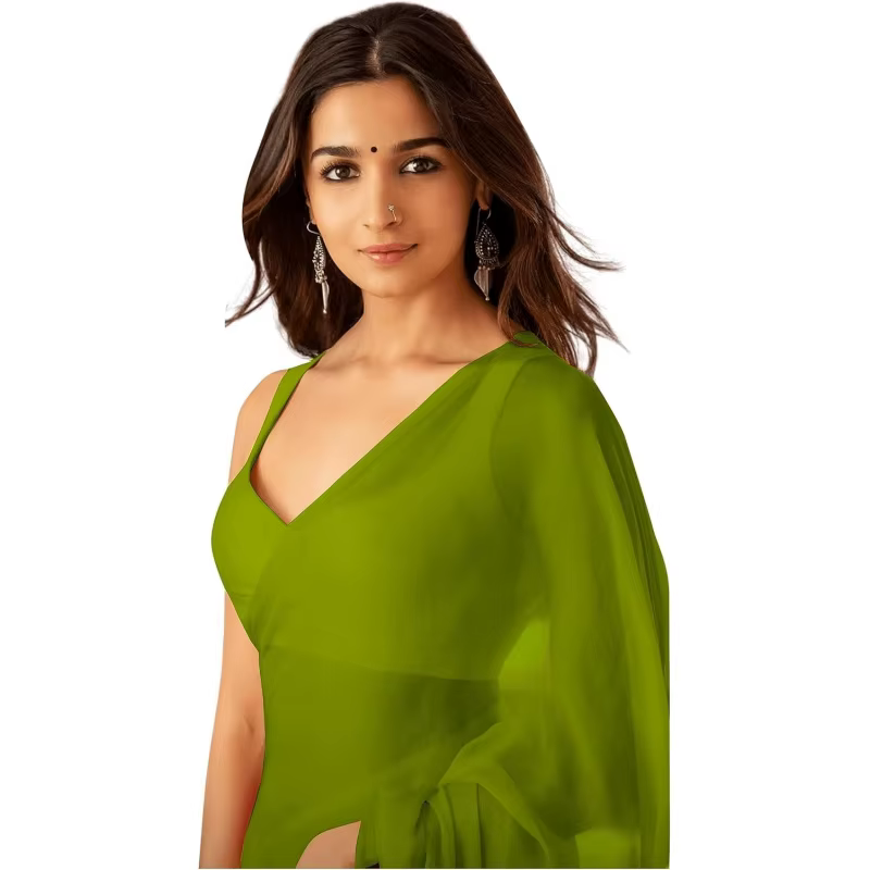 

Women's Plain Pure Georgette Saree With Unstitched Blouse Piece (Rocky Aur Rani Ki Prem Kahani Alia Bhatt Saree)