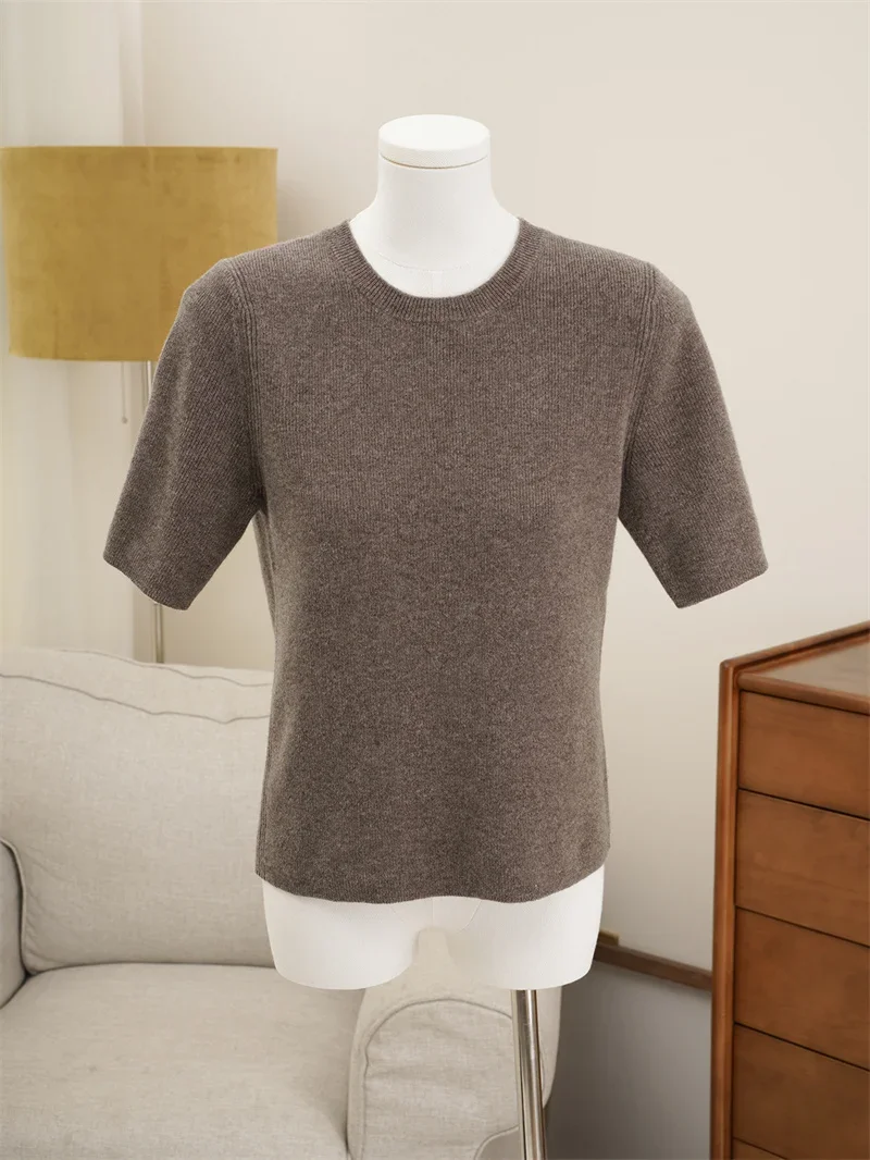 Women Short Sleeve Sweater Pink or Brown Color Round Neck WoolCasual Early Autumn 2024 Female Fashion Jumper