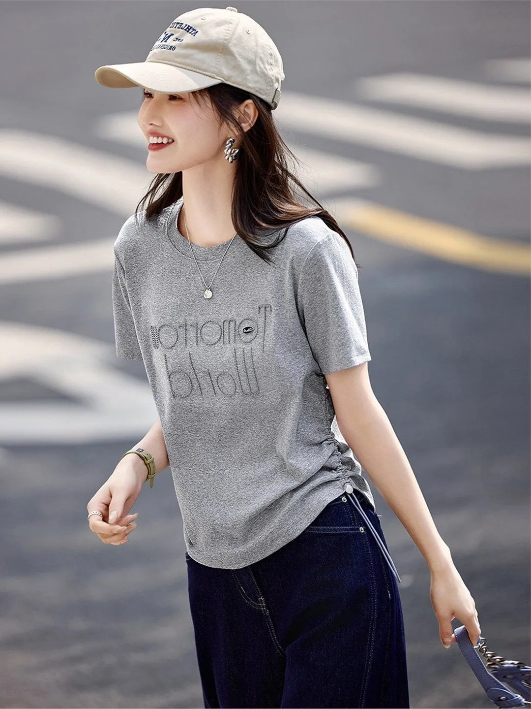 

Oule Letter Print round Neck T-Shirt Women Summer Short Sleeve Casual Drawstring Grey Hooded Top Cotton Stretch Fabric