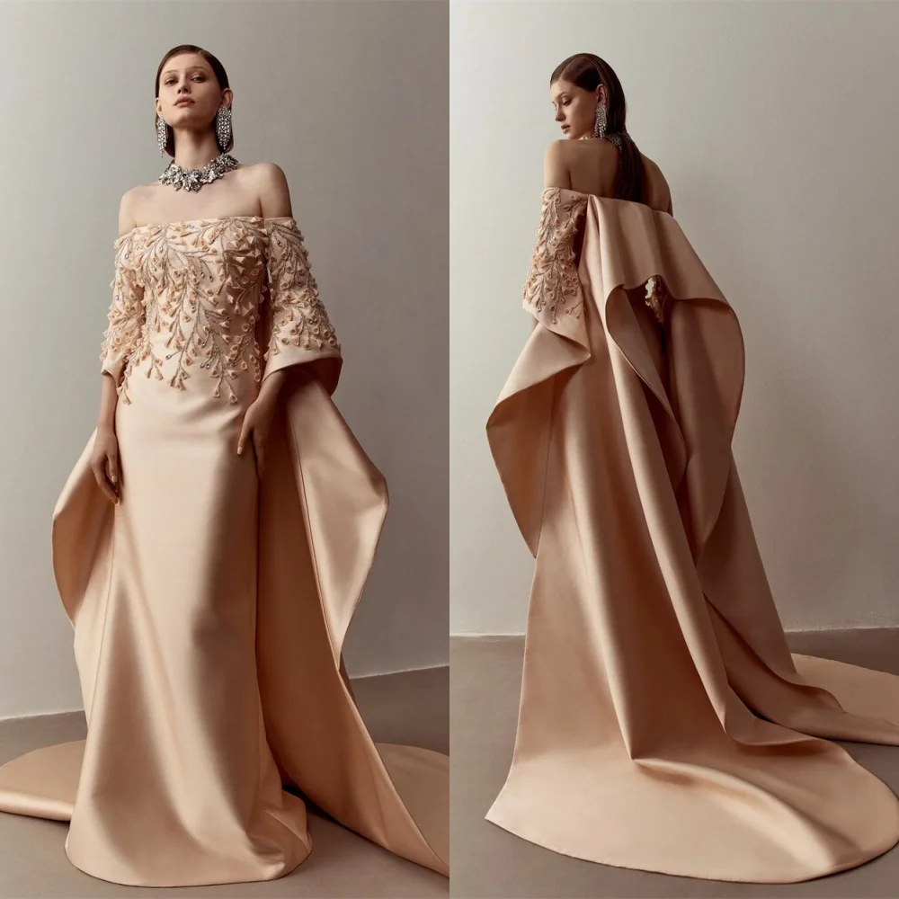 Customized  Classic Champagne Satin Evening Dress Exquisite Strapless Off the Shoulder Long Sleeves Crystal Homecoming