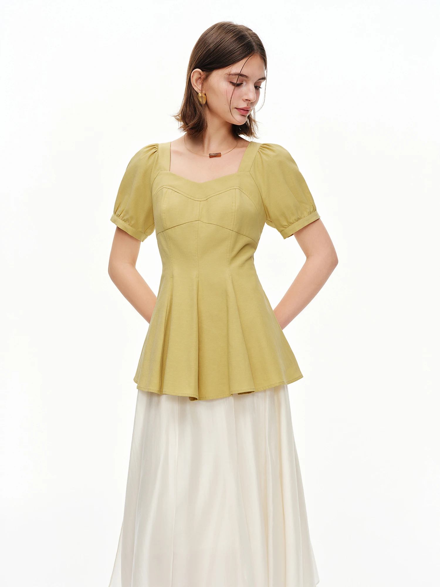 DUSHU 2026 Summer Women's Draped Waist-Cinching Floral Hem Top, Sculptural Cut Short Sleeve Blouse Coquette Soft Feminine Style