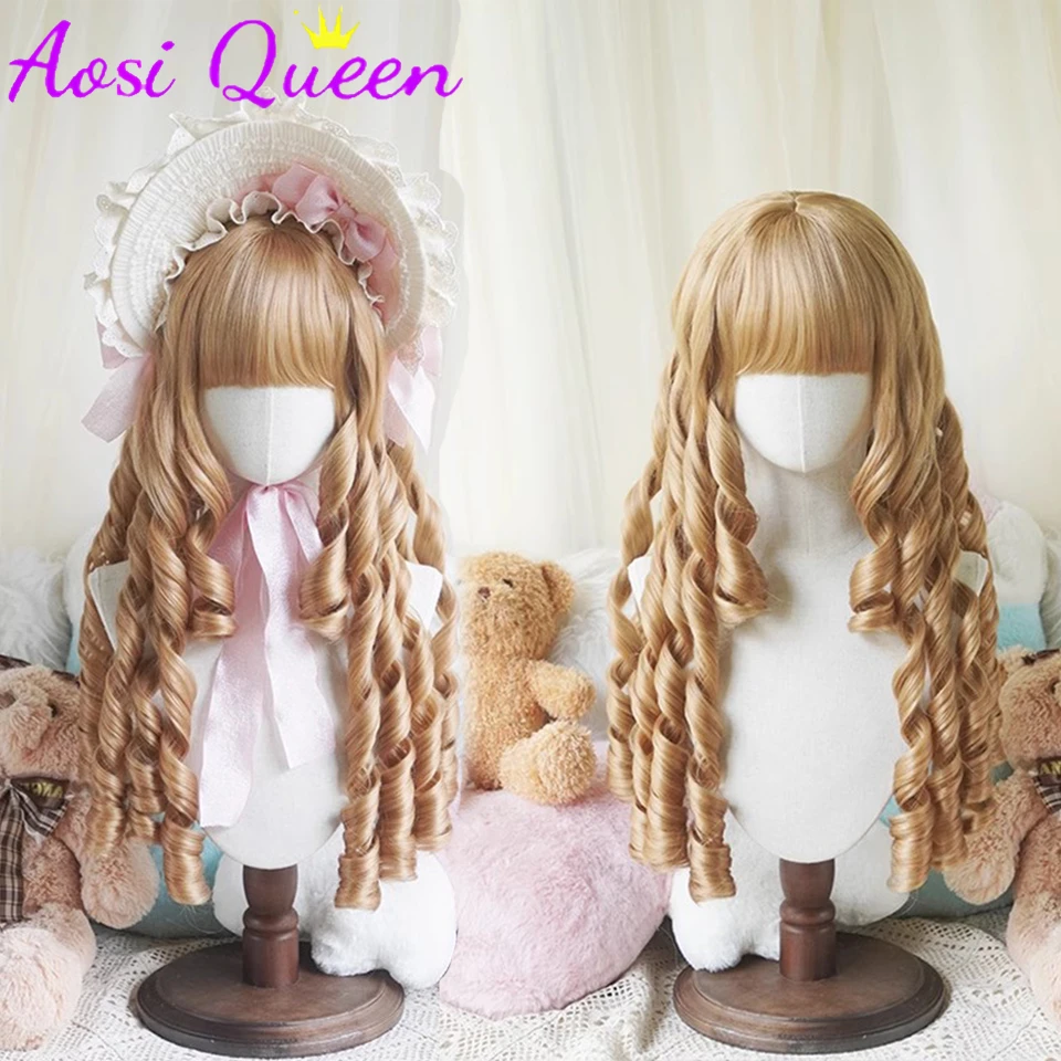 Aosi romano encaracolado sintético lolita longo cabelo encaracolado com franja dourado anime peruca obérl mulher festa cosplay peruca