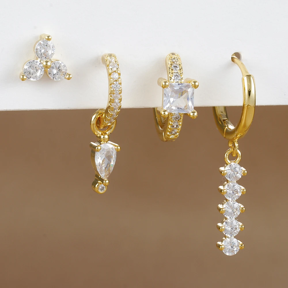 4PCS Simple Crystal Zirconia Square Dangle Earrings Set For Women Korean Stainless Steel Pendant Stud Earring Piercing Jewelry