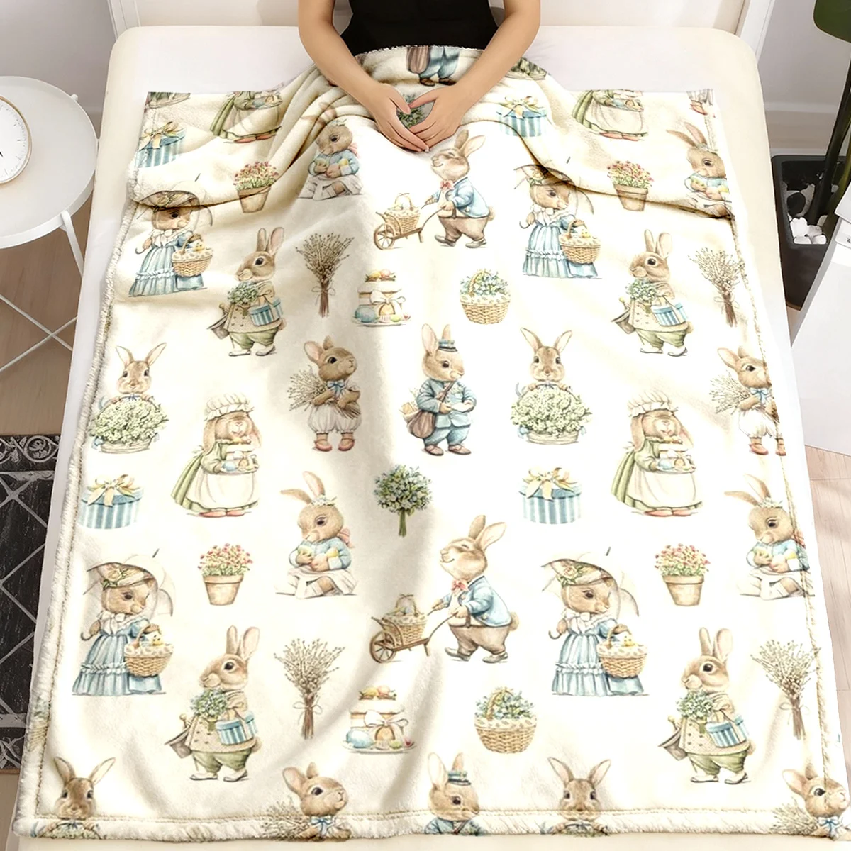 Cute Easter Bunny Spring Throw Blanket Picnic Couch Decor Polyester Plush Knit Cozy Keepsake Gift for Nursery Living Room Decor