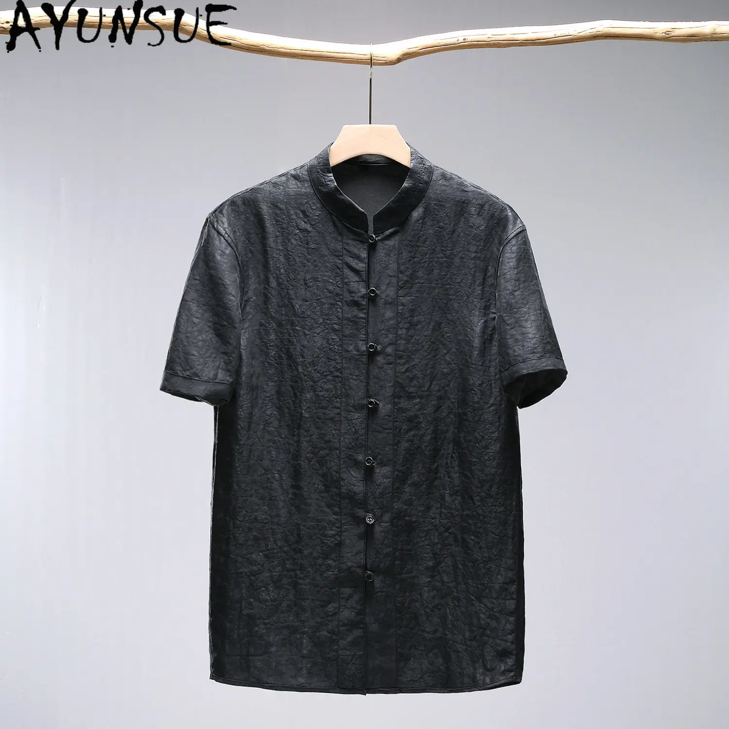 AYUNSUE 100%Real Mulberry Silk Shirts for Man Watered Gauze Shirt Men Clothing Luxury Reversible Summer Top Short Sleeve Shirt