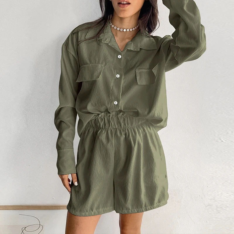 

Fashion High Street Personality Outfit Spring Simple Solid Women's Two Piece Set Casual Lapel Long Sleeved Shirt and Shorts Suit