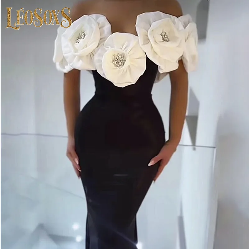 LEOSOXS Elegant Evening Club Party Dress Women Celebrity Sexy Off Shoulder Flower Diamonds Black Maxi Long Bodycon Bandage Dress