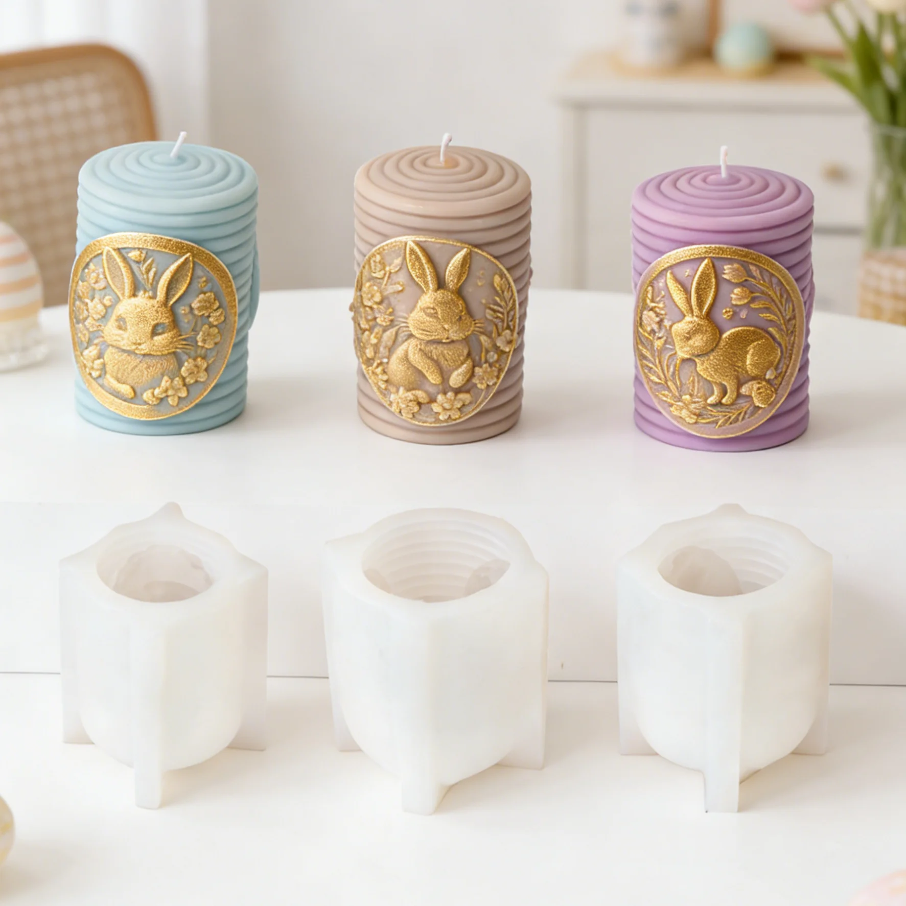 3D geprägte Blume Kaninchen Säule Kerze Silikonform DIY Hase Ei Handwerk Gips Harz handgemachte Seife Form Ostern Geschenk Home Dezember