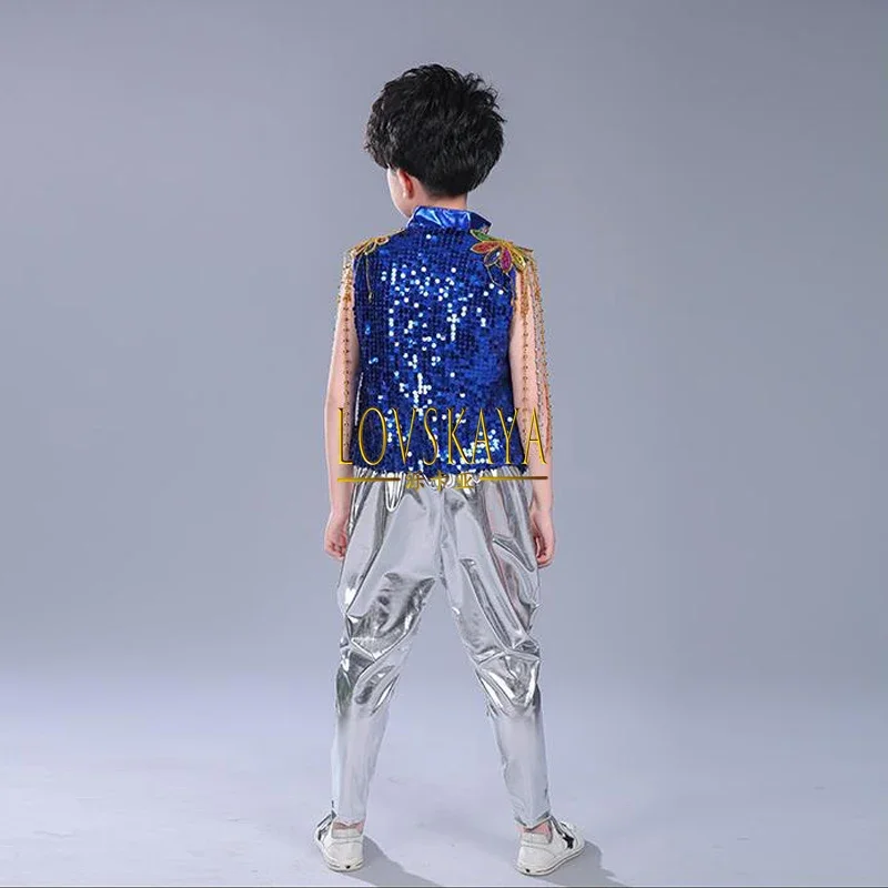 Sequined Hip Hop Outfits Girls Jazz Tap Dancing Tops Pants Boy Child Dance Stage Ballroom Party Dancewear Costumes