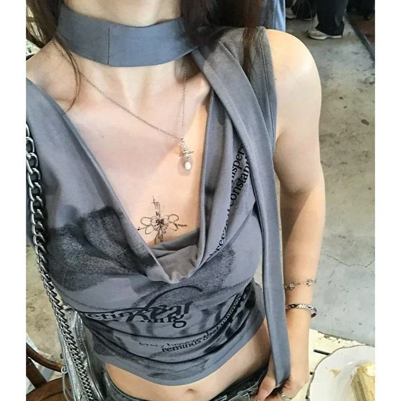 النمط الأمريكي المحاصيل الأعلى المرأة وشاح بسيط أكمام يتأرجح طوق Y2k القمم 2025 موضة جديدة كل مباراة سيدة الأعلى