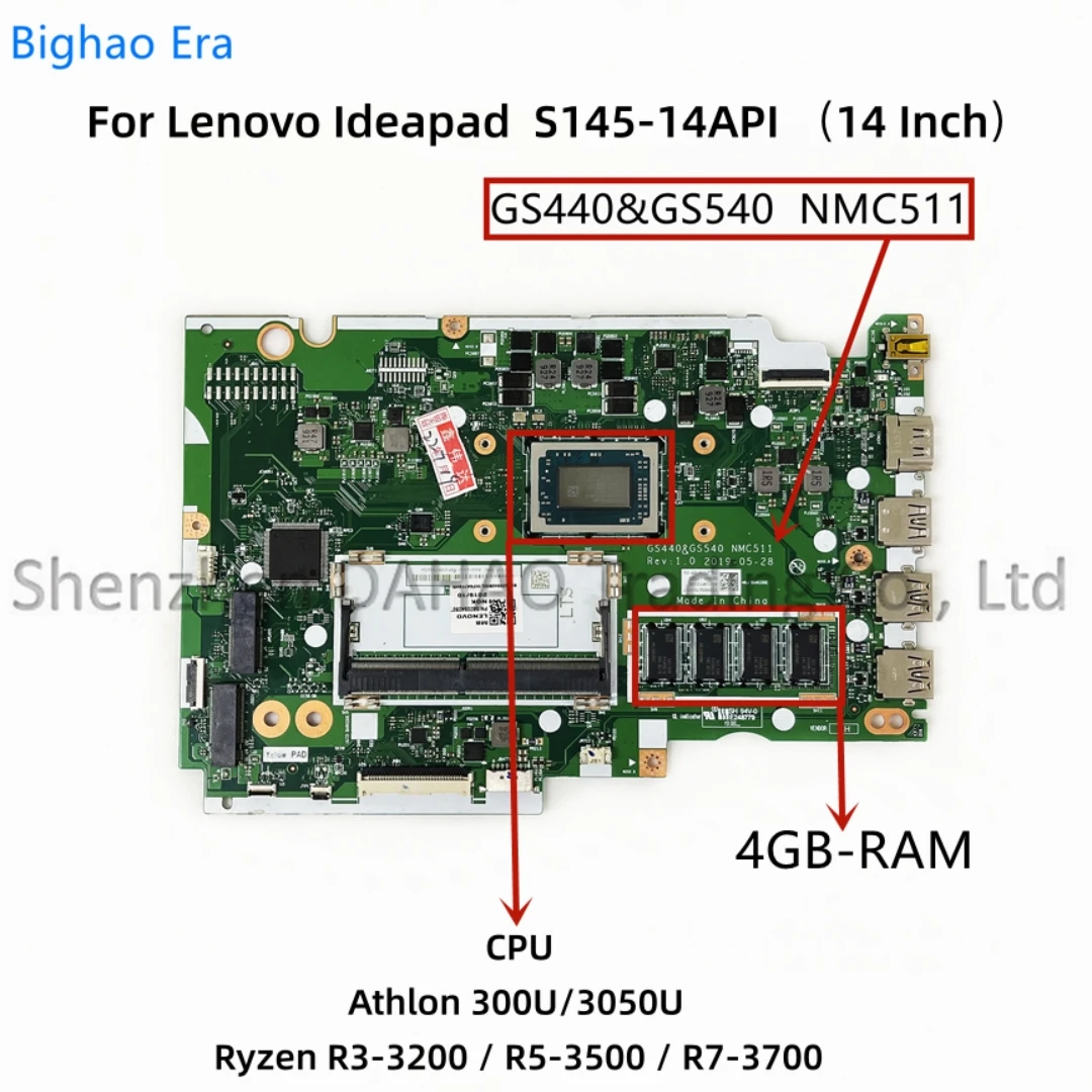 For Lenovo Ideapad S145-14API Laptop Motherboard With Athlon 300U R3-3200 R5-3500 R7-3700 CPU 4GB-RAM GS440&GS540 NMC511 NM-C511