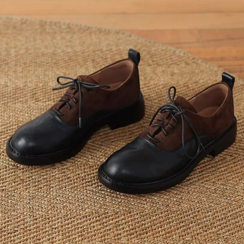 

Retro Faux Suede Low Heel Pumps for Women Fashion Round Toe Lace Up Mixed Color Loafers Comfortable Light Commuter Office Shoes