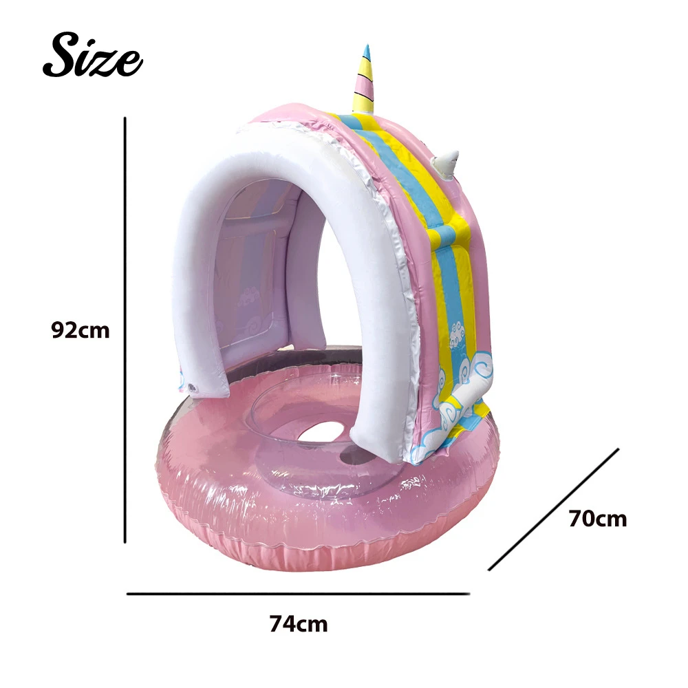 يطفو حمام سباحة للأطفال مع مظلة قابلة للنفخ على شكل وحيد القرن مع حلقات جليتر ستار للسباحة للأطفال مقعد صالة لعبة الماء للأطفال