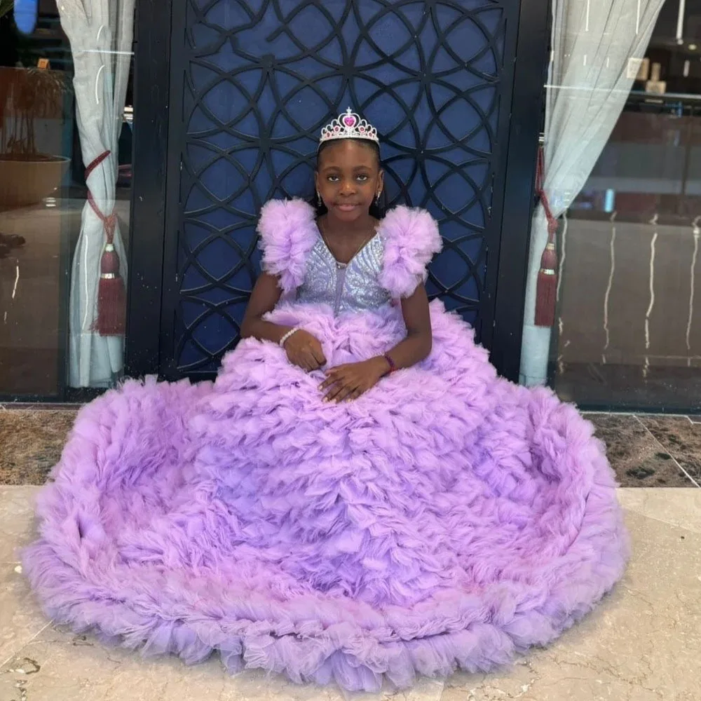 

Lavender Flower Girl Dresses for Wedding Lace Appliques Tiered Ruffle Girl Birthday Party Dress First Communion Gowns Customized