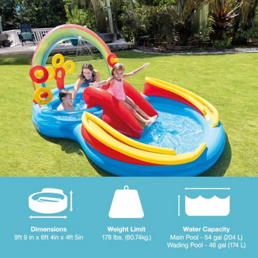 ' inflatable pool with water slide and ring toss for ages 2+, multicolor rainbow design, PVC material, 9.75 ft x 6.3 ft x 53 in