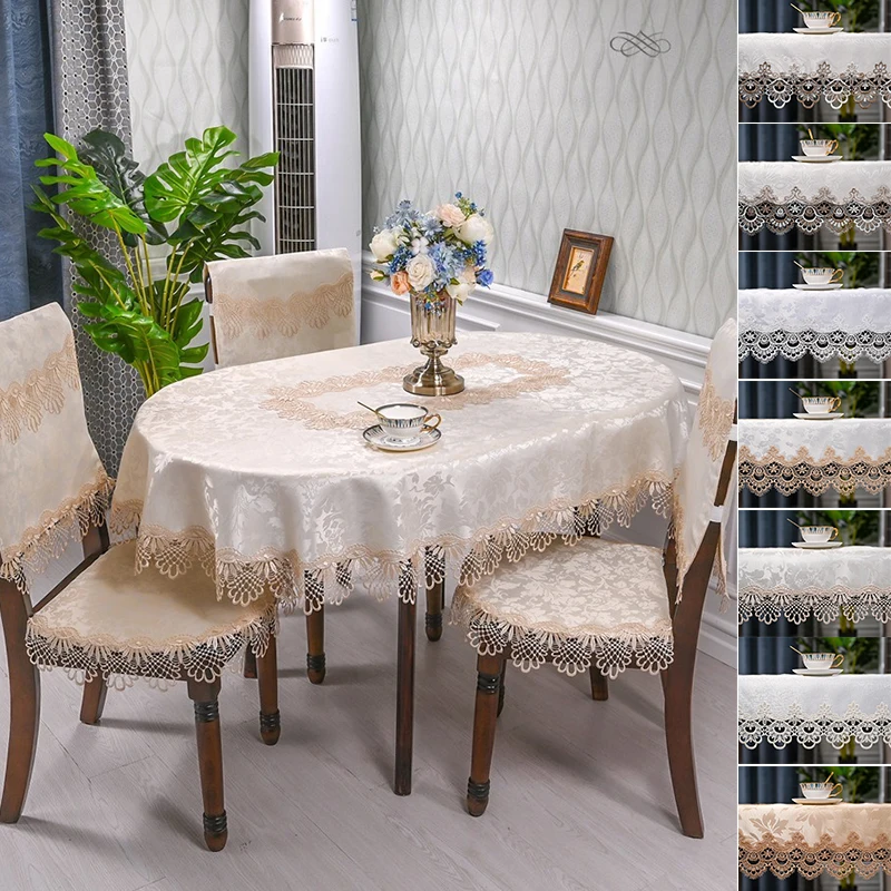 

1pc Elegant Polyester Floral Jacquard Oval Tablecloth with Lace Ideal for Wedding Birthday Christmas New Year Valentine's Day