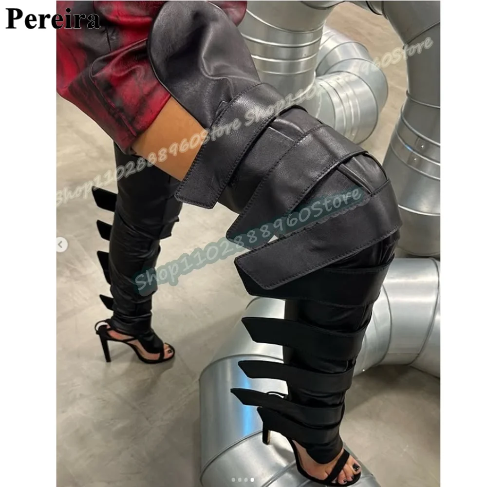 

Trendy Thigh High Black Leather Hook Belt Boots Stilettos High Heel Shoes For Women Open Toe Fashion Sexy Zapatos Para Mujere