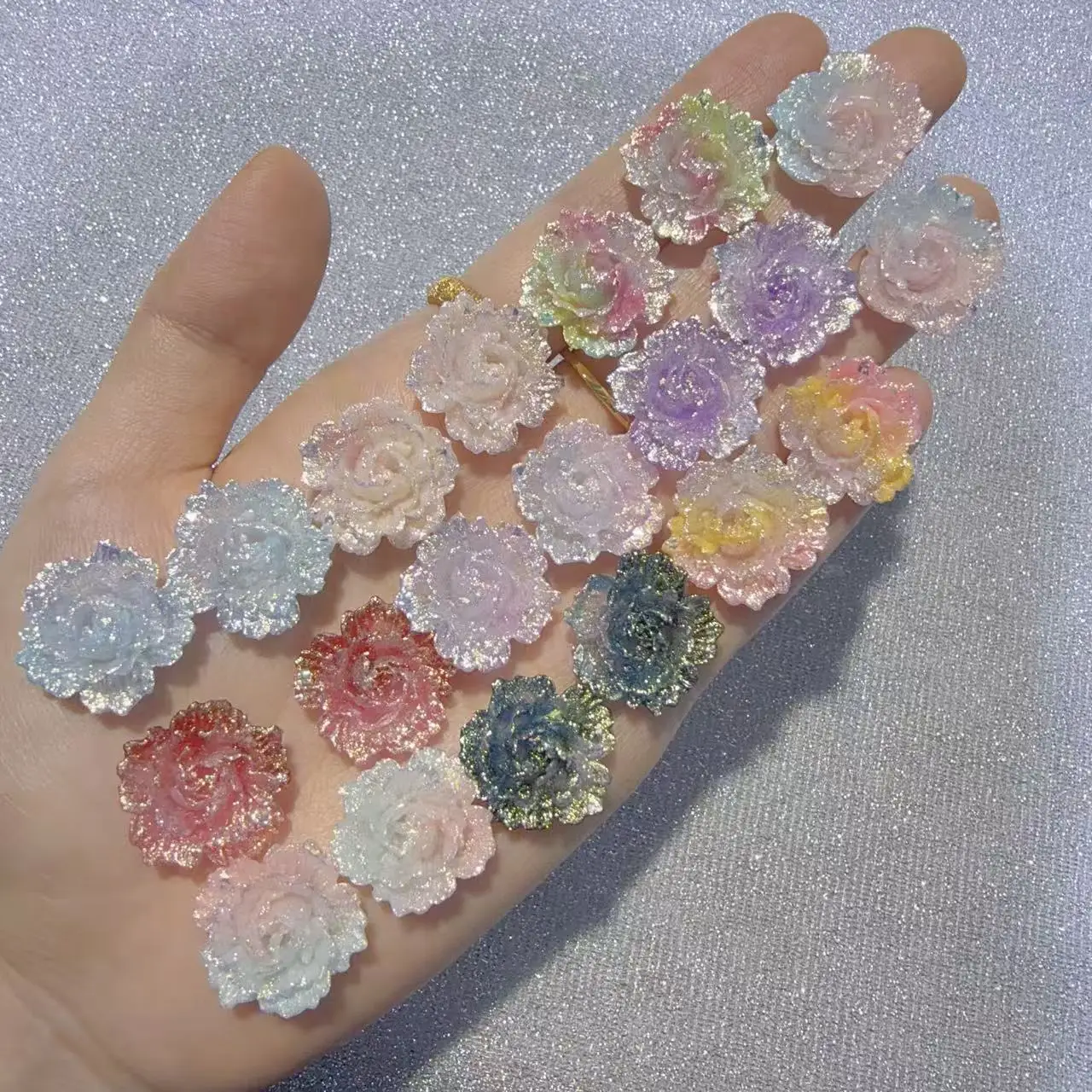 100PCS Gradient Little Snow Lotus Resin Shining 21MM Night Light Handmade DIY Earstuds Shoe Flowers Phone Cases Accessories