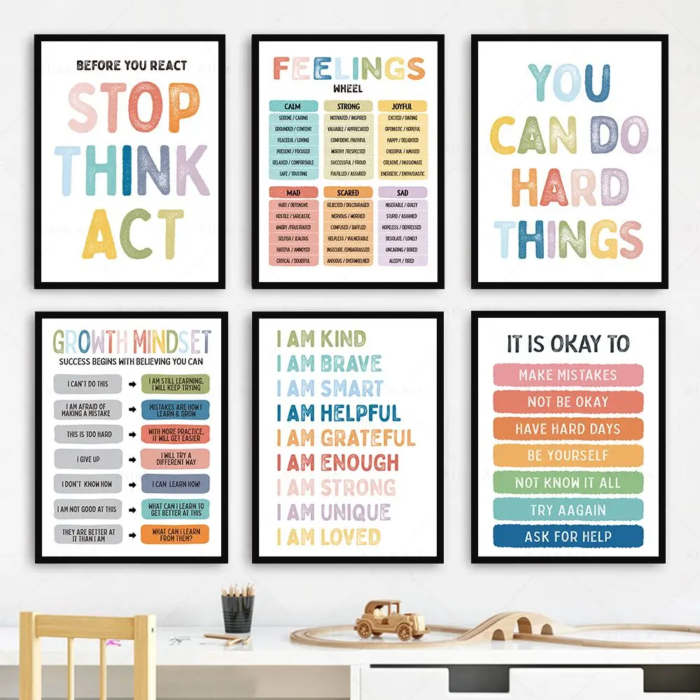 

Affirmation for Kids Room Poster Growth Mindset Positive Quote Canvas Painting Feelings Print Educational Wall Art Nursery Decor