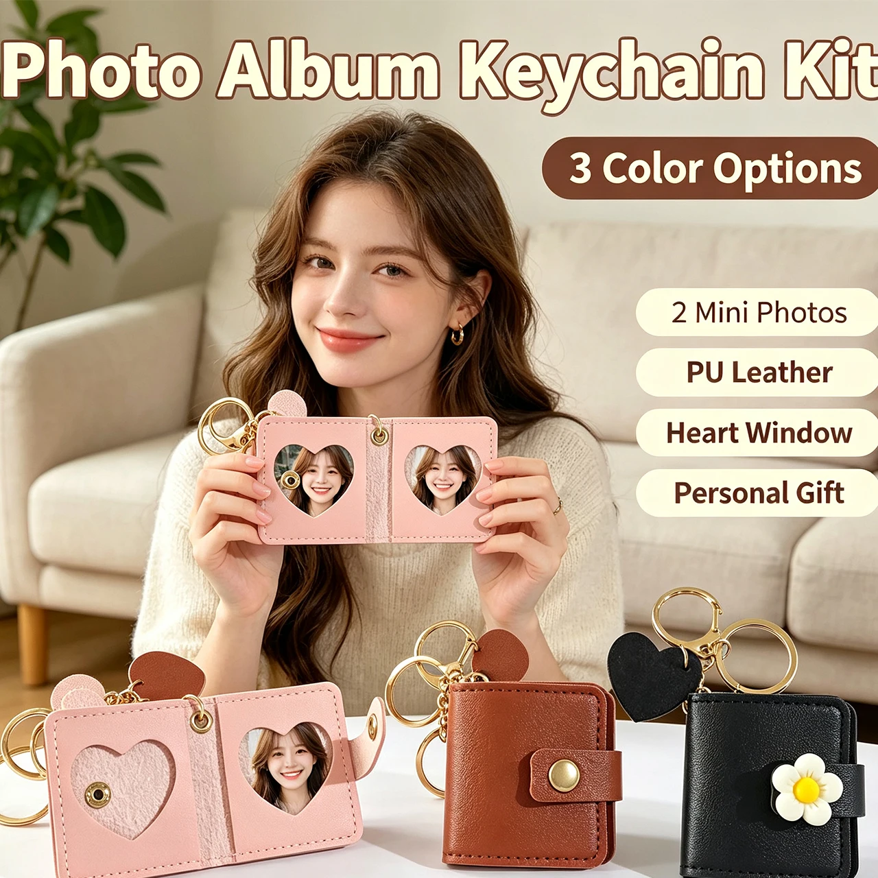 3 Color Options Available, Suitable for Storing 2 2inch Photos, Made of Pu Material, with Heart-Shaped Decoration Design, Perfect for Christmas, Halloween, Anniversary Photos, Family of Three/Family Pet Photo Album Storage, Commemorative Decoration