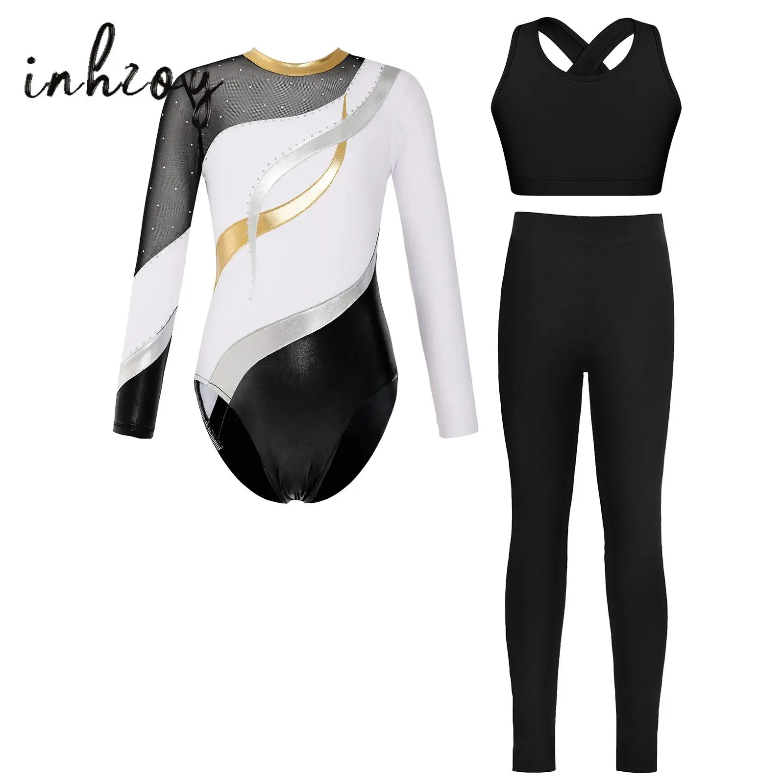 

Детский гимнастический костюм для фигурного катания для девочек, танцевальный наряд с длинными рукавами и замочной скважиной на спине, блестящий купальник со стразами + жилет, укороченный топ + леггинсы, комплект