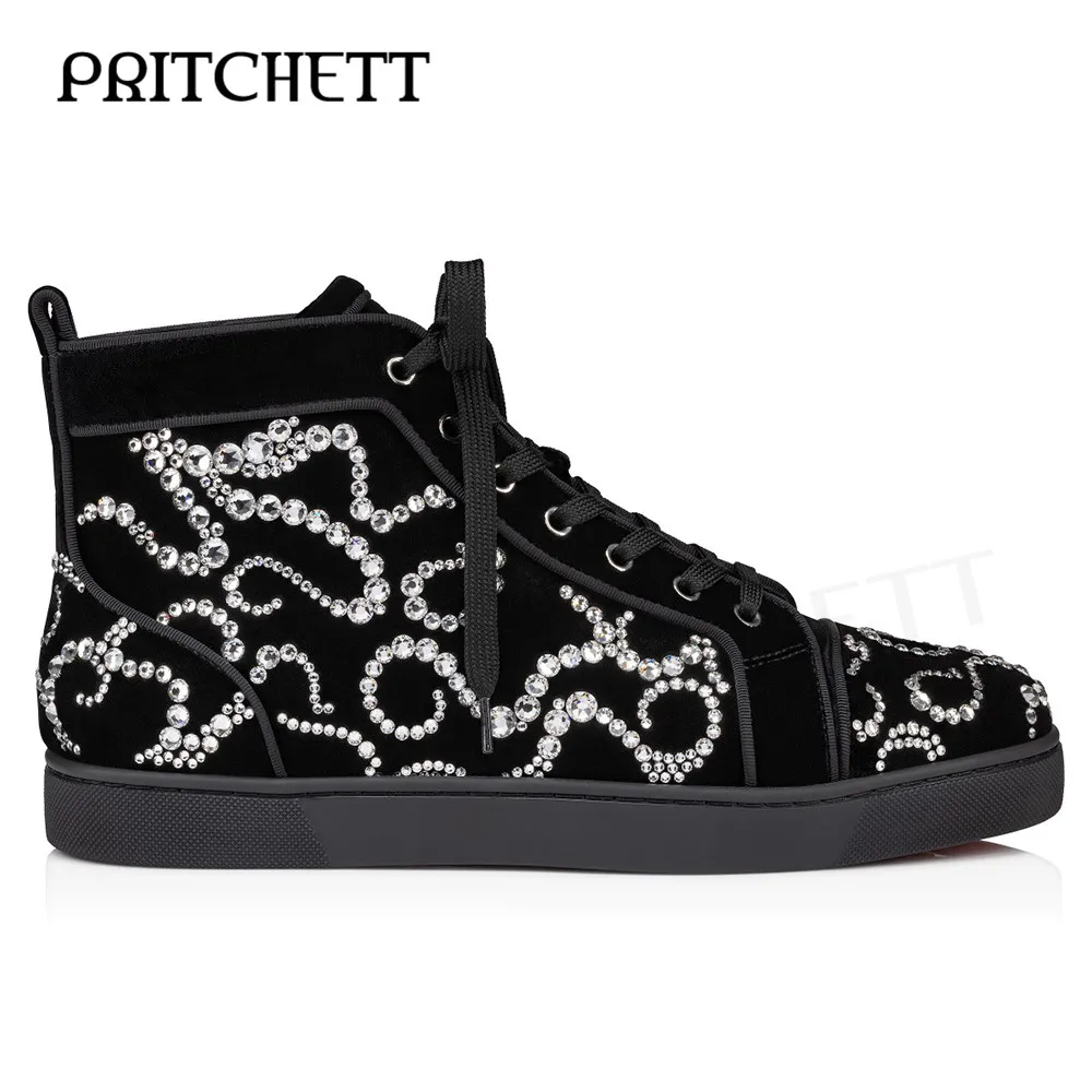 Irregular Rhinestone Line Sneakers Round Toe Lace-Up Casual Shoes Black Suede Fashionable Large Size Comfortable Men's Shoes