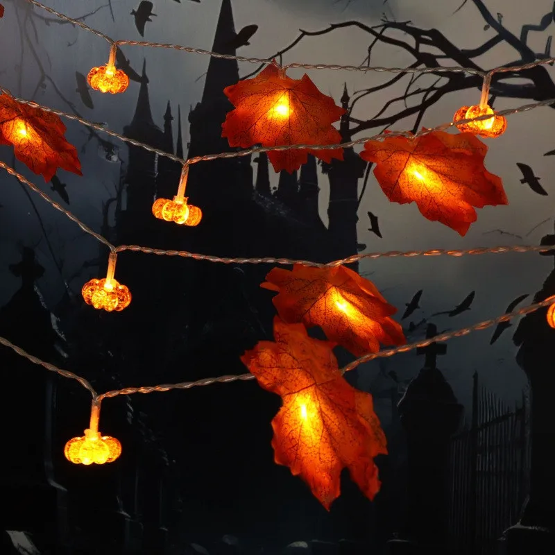 Halloween Pumpkin String Lights Decorations Maple Leaf Fairy Lights Battery Operated Fall Decor Lights for Indoor Party Yard