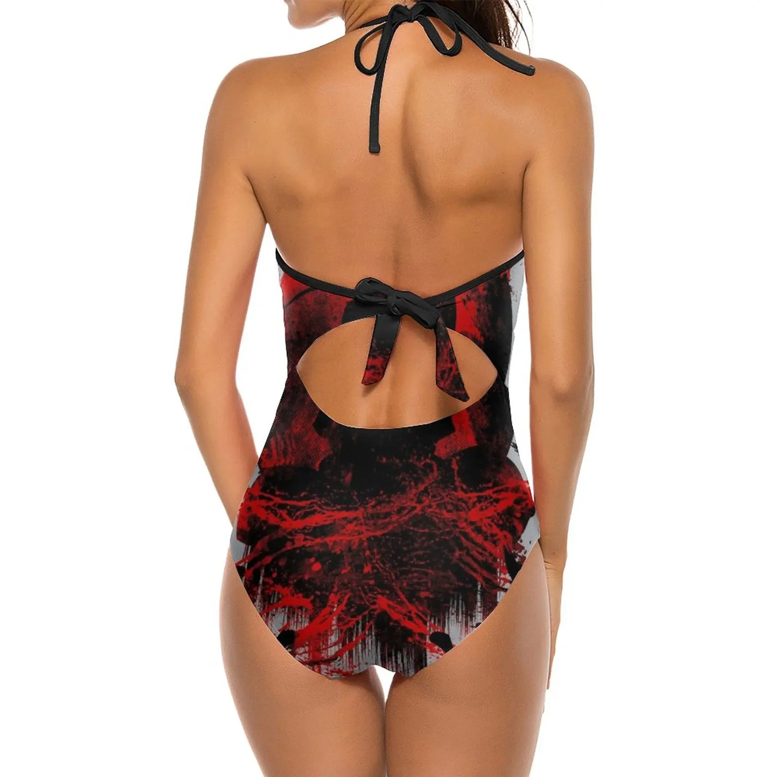 Clash Sexy One Shoulder One Piece Swimsuit New Mesh Patchwork Swimwear Monokini Warrior Crow Blood Bloody Graphics