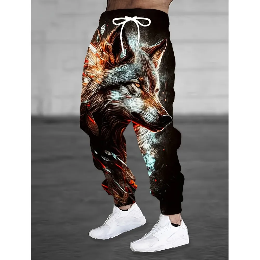 Animal Wolf Printed Fashion Pants Men's Side Pockets Elastic Drawstring Sweatpants Joggers Pants Casual Trousers Fall Winter