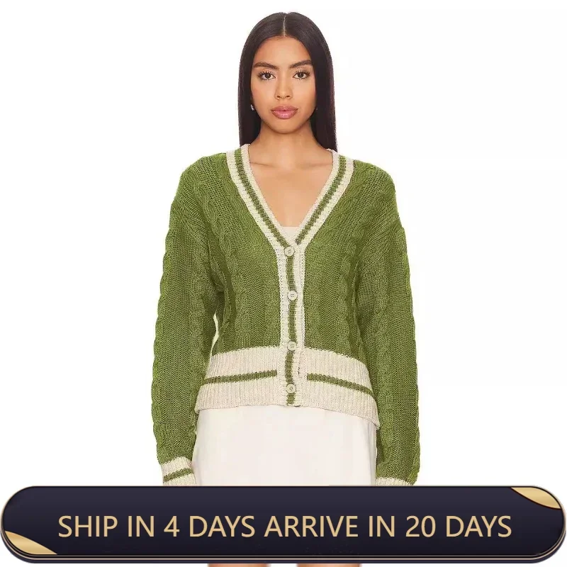 Autumn And Winter Knitting Cardigan Women\'s V Neck Color Blocking Fried Dough Twists Loose Knitting Sweater Cardigan Women