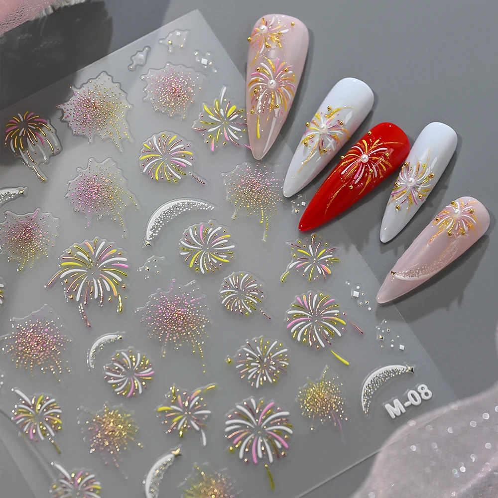 6pcs New Year Firework Sparkling Nail Stickers Gilded 5D Jelly Red Pink Blue Firework Nail Art Decals Spring Festival Decorative