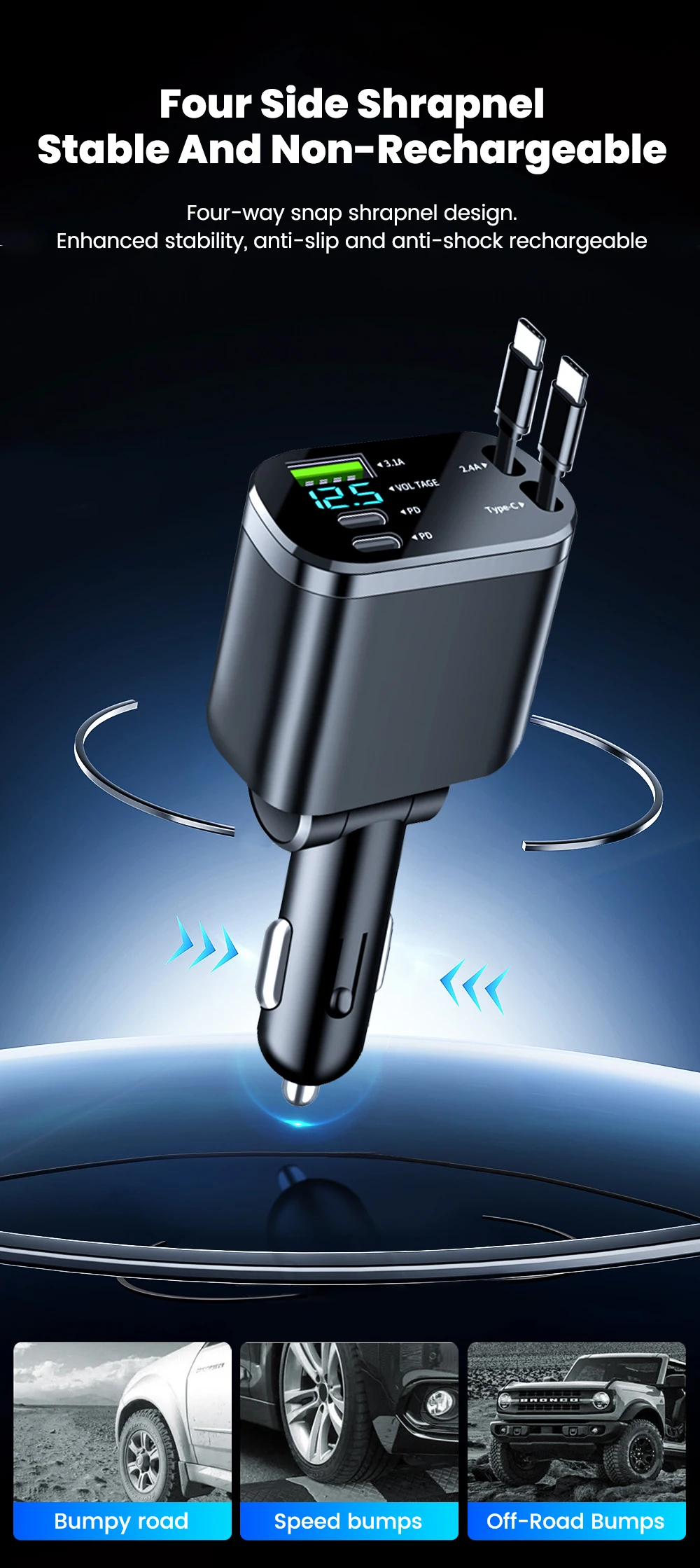 Elough Digital Display Car Charger with Retractable Cable PD Car Fast Charger for iPhone Xiaomi Huawei Samsung