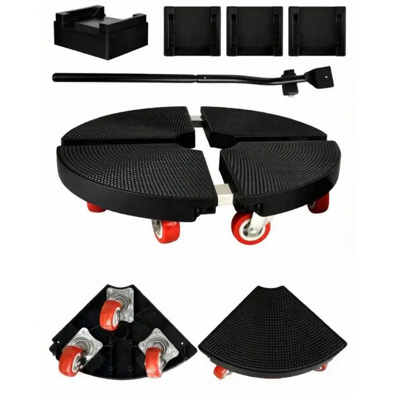 Round Furniture Moving Base Set with Four Fan-Shaped Rolling Supports, Grip Texture, and Red Rollers for Home Office Use D2RD