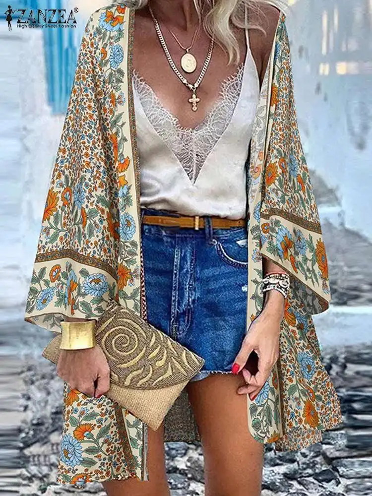 ZANZEA Causal Printed Cardigan Holiday Shirt Women Summer Long Sleeve Blouse Open Up Cover Bohemian Fashion Floral Kimono Tops