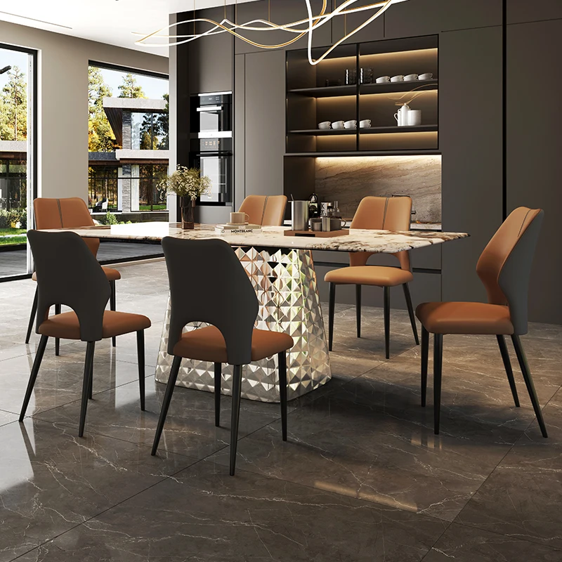 

10*Stainless steel rock slab dining table New high-end French retro high-end imported marble dining table