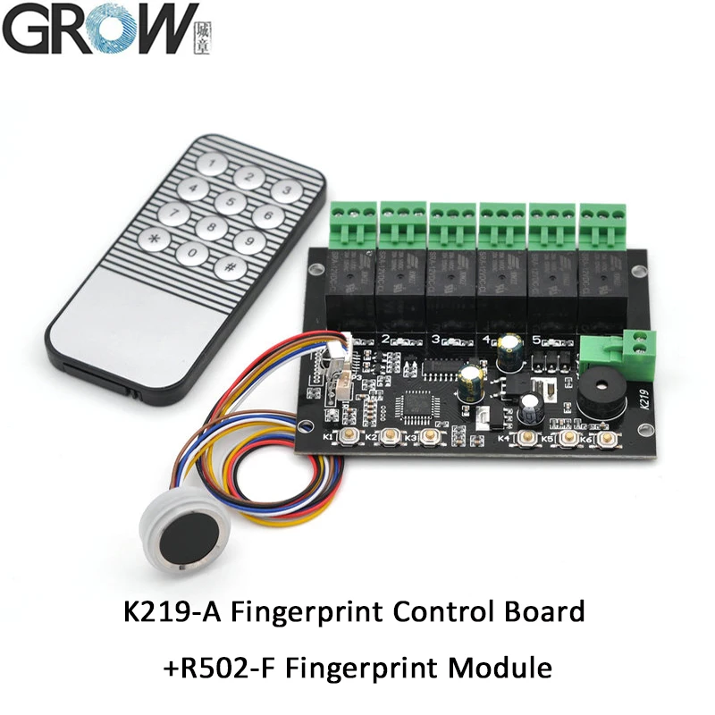 

GROW DC12V 6 реле K219-A Инфракрасная плата дистанционного управления с отпечатками пальцев + R502-F Водонепроницаемый небольшой модуль отпечатков пальцев