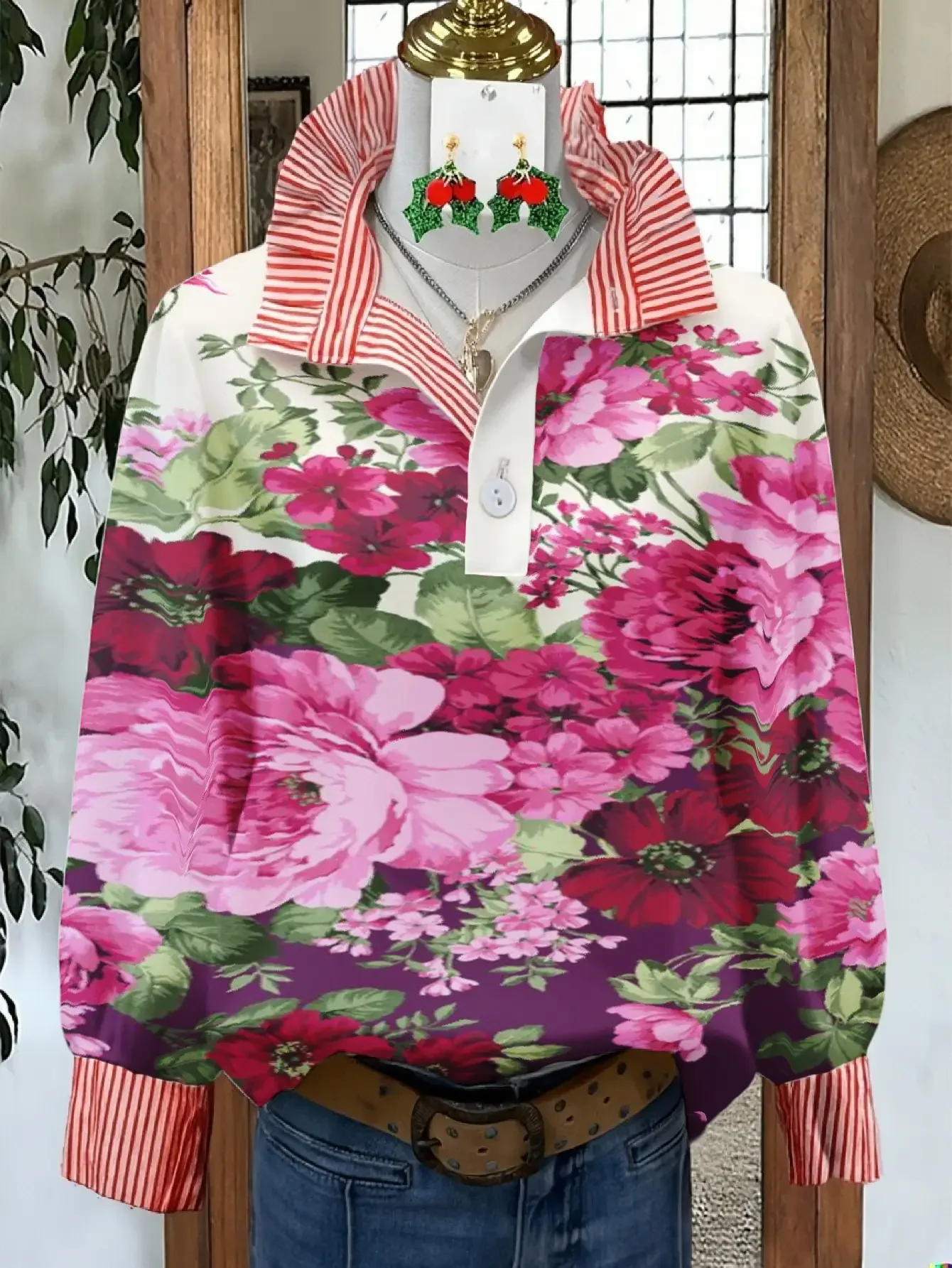 Women's Spring and Autumn Winter Collection Women's Stand up Collar Shirt Long Sleeve, Christmas Gift