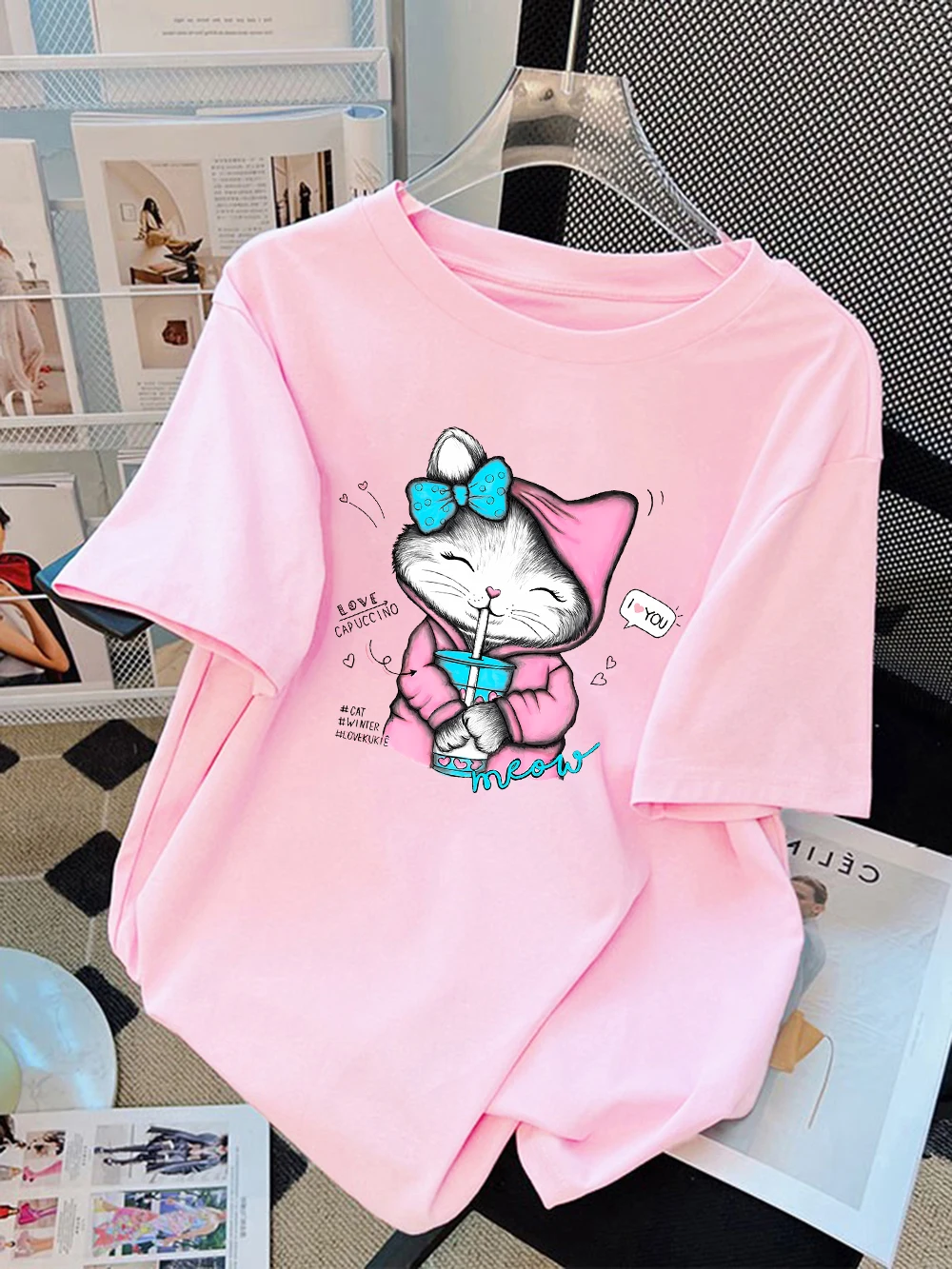

Summer Cotton T-Shirts Women Cats Like Cold Drinks Print Short Sleeve Loose O-Neck Soft Comfortable Tops Street Woman Clothes
