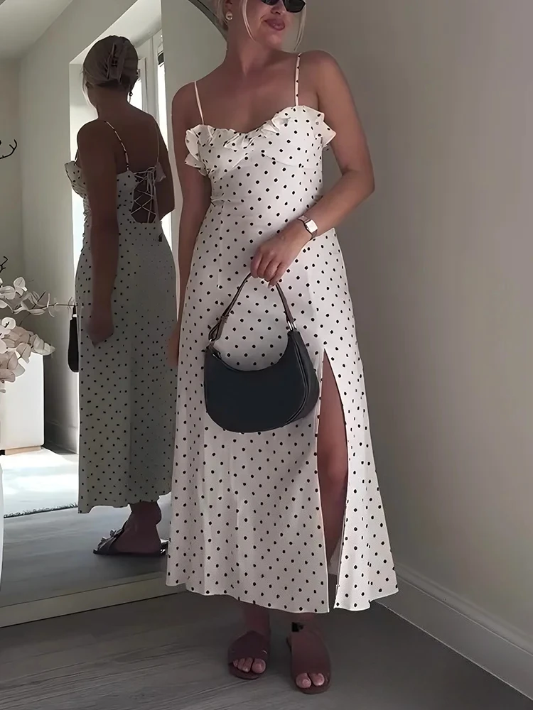 KONDALA Dolce Romantico Donna Cami Dress Polka Dot Stampa Backless Lace-Up Increspato Abito con spacco Moda Estate 2025 Abito da vacanza